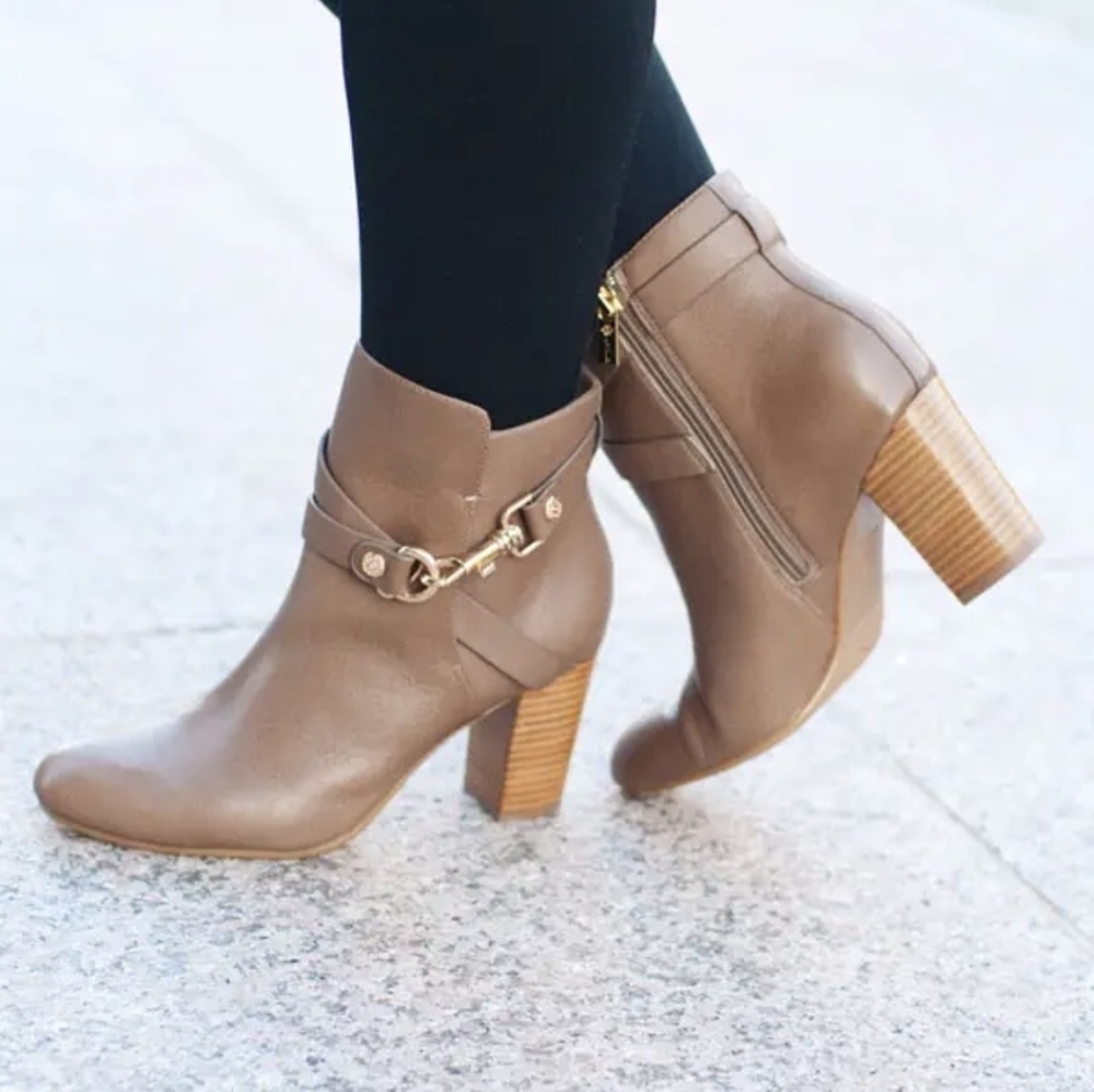 Isola Taupe Leather Booties Stacked Heel With Gold Hardware Size 8